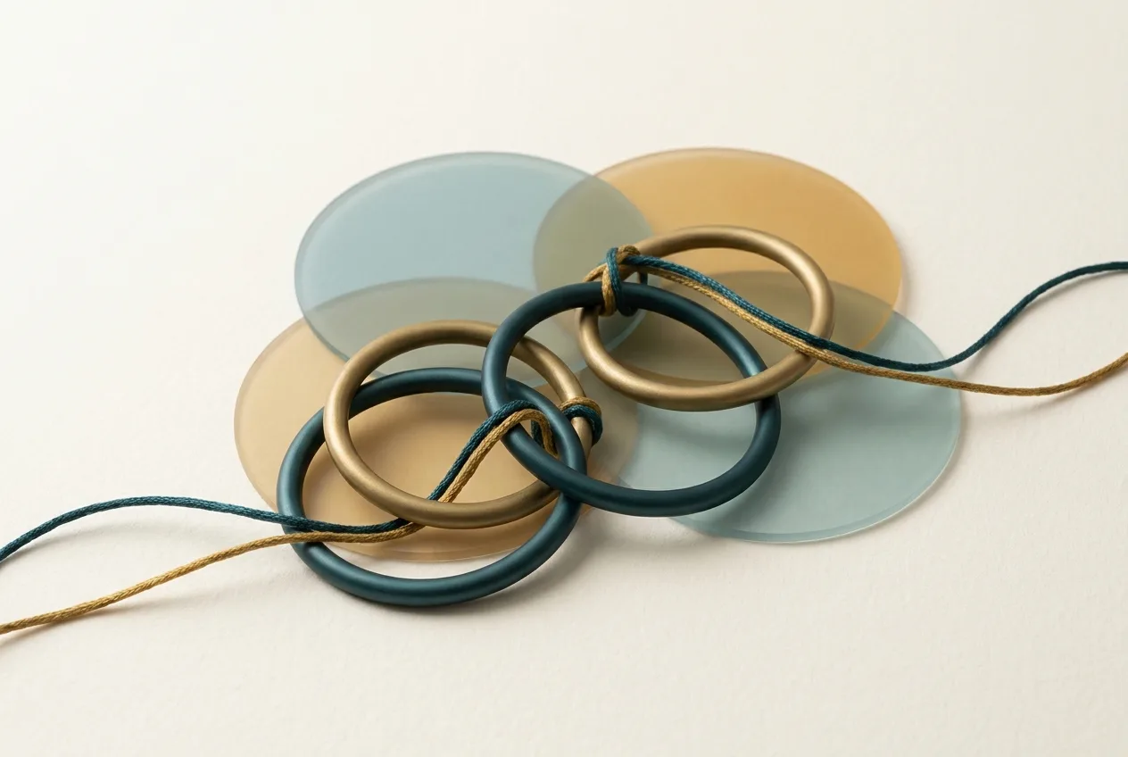 Abstract Art | AHEG Resources An abstract composition of interlocking metal rings and translucent acrylic shapes represents the diverse range of resources.