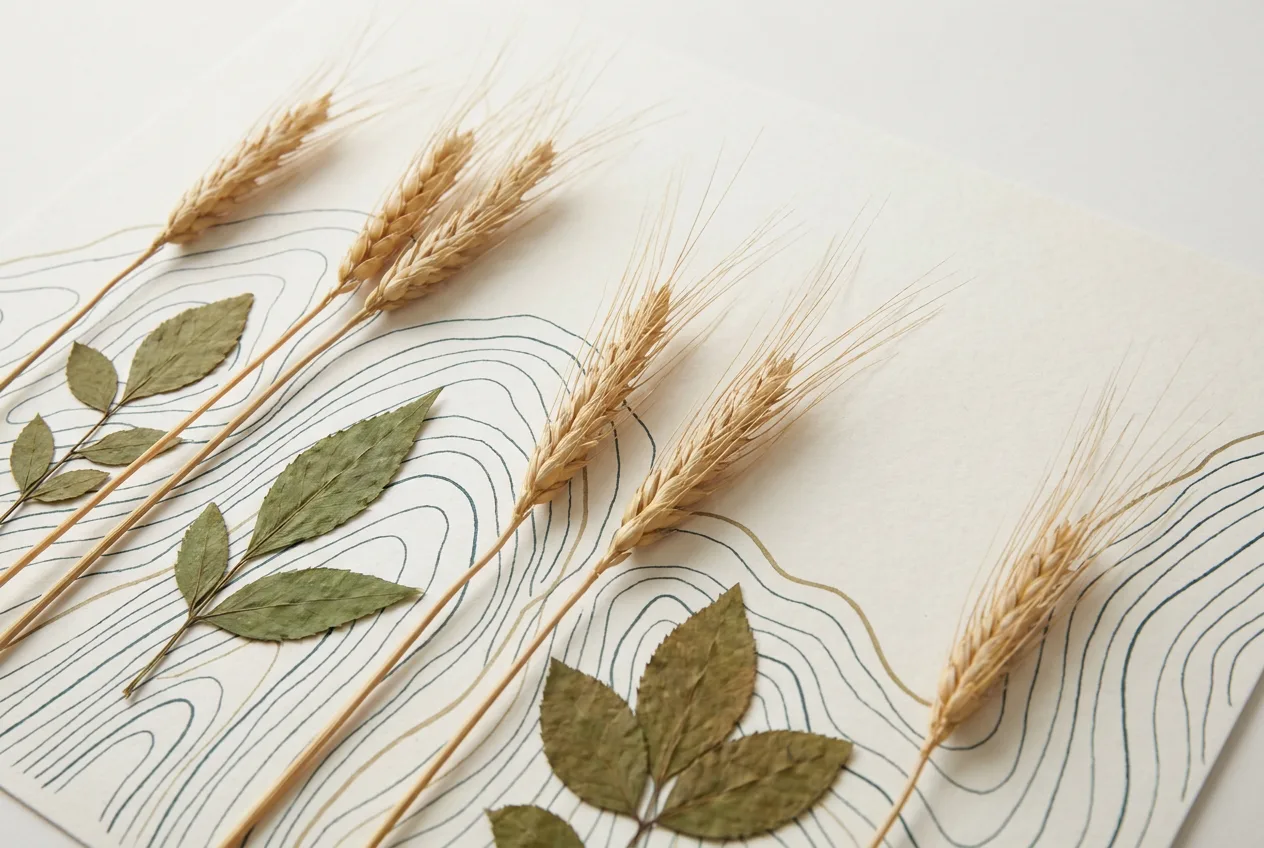 Agriculture Studies | AHEG Resources Dried wheat stalks and pressed leaves rest on a patterned paper background, illustrating resources for agriculture studies.