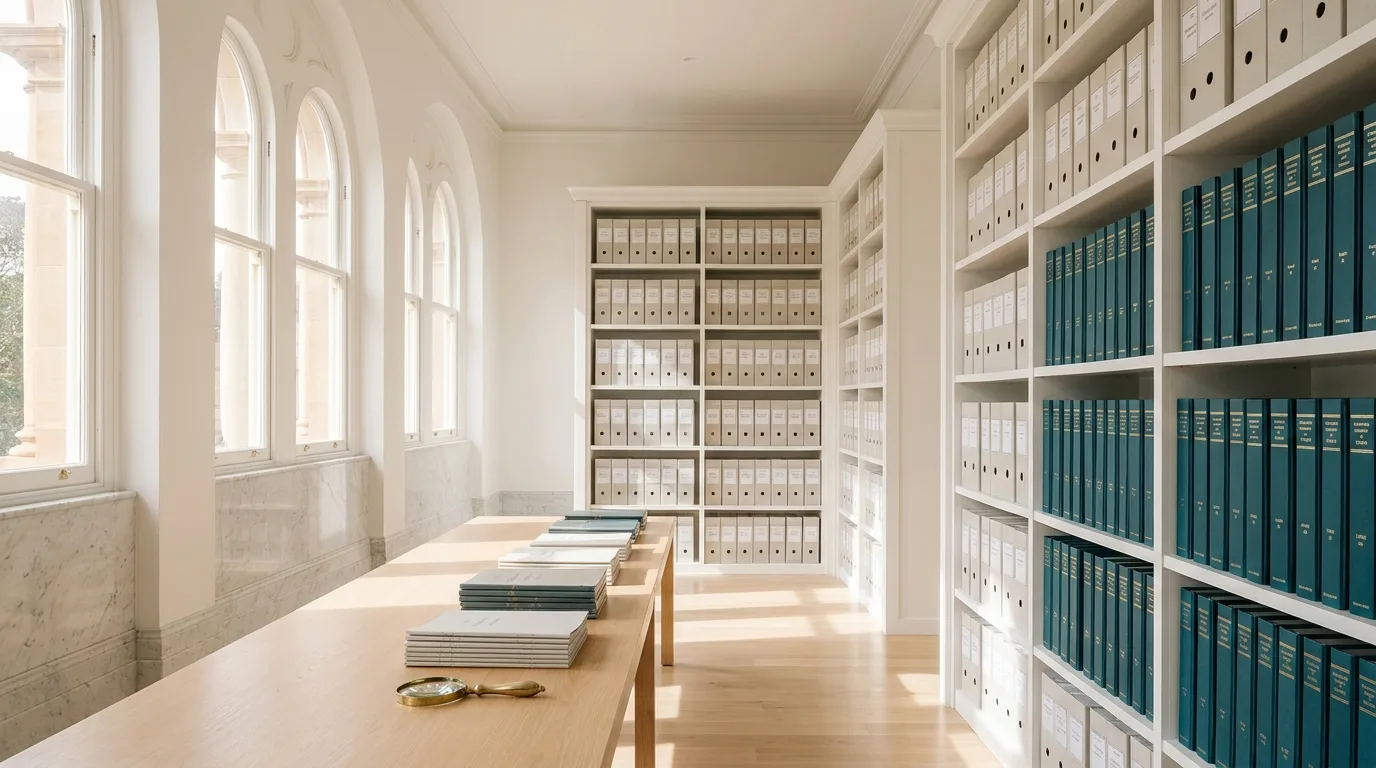 Governance Records | AHEG Resources A long room with wooden tables and shelves filled with binders showcases a well-organized archive of governance records.