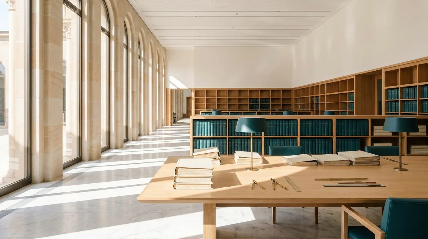 Library Interior | AHEG Resources A bright library with long wooden tables and bookshelves provides a welcoming study space for higher education.